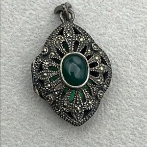 Vintage sterling silver marcasites and green Nephrite locket 1.25 inches, 8.9 gr